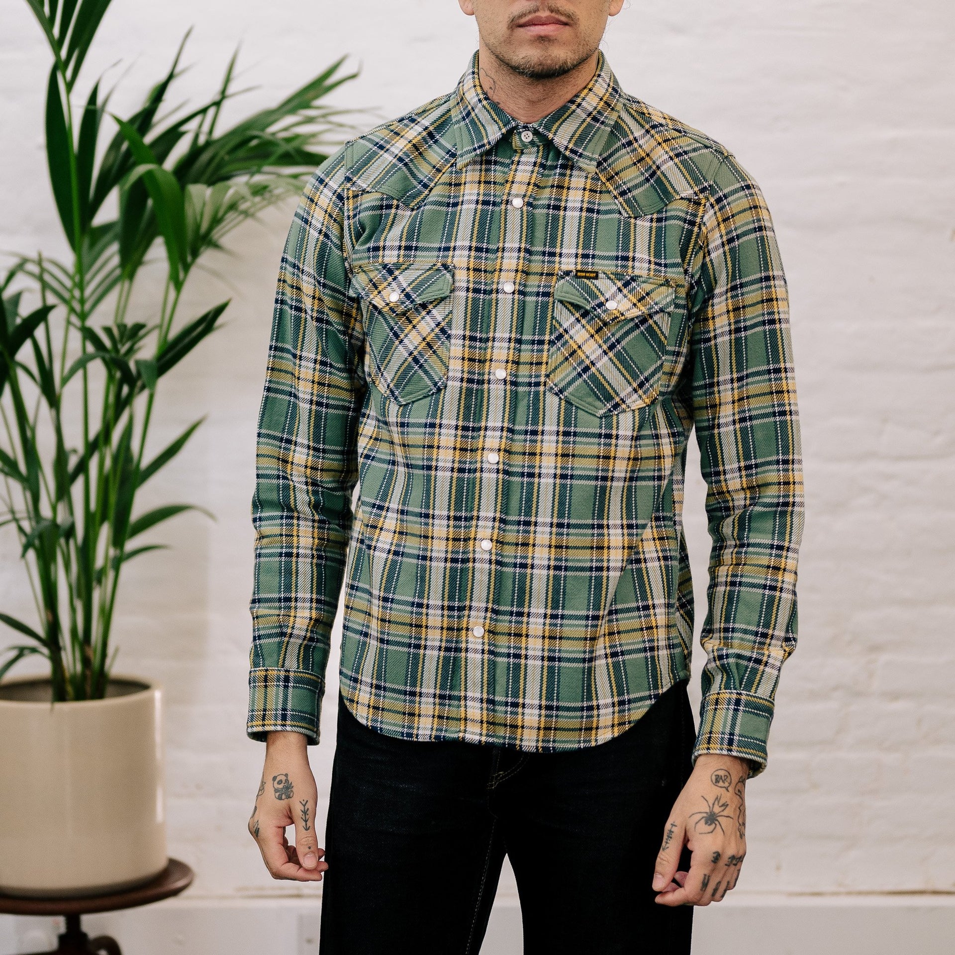 Iron Heart Ultra Heavy Flannel Tartan Check Western Shirt Green - Main Image