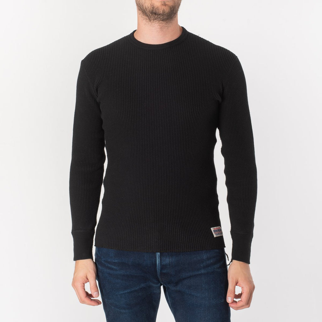 Iron Heart Waffle Knit Long Sleeved Crew Neck Thermal Top - Black