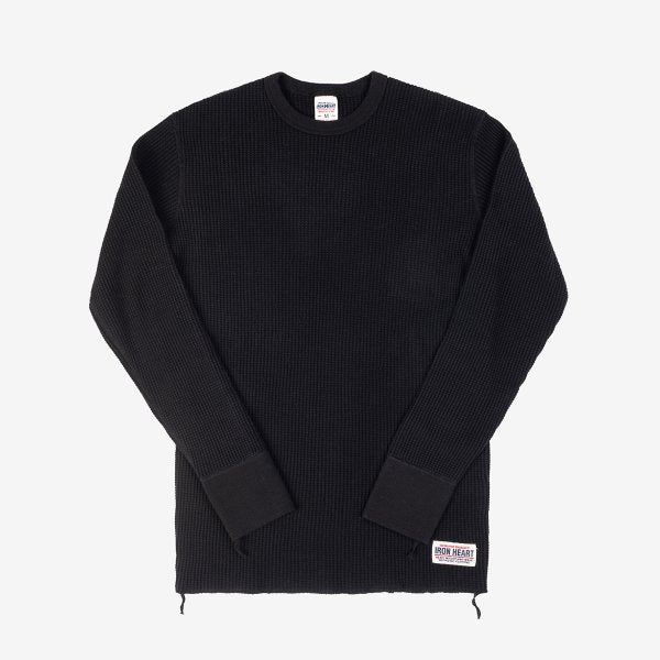 Iron Heart Waffle Knit Long Sleeved Crew Neck Thermal Top - Black